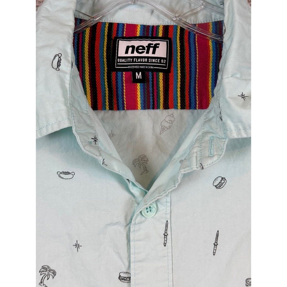 Neff Men Short Sleeve Button Down Shirt Mint Green Pizza Novelty Print Sz. M AOP